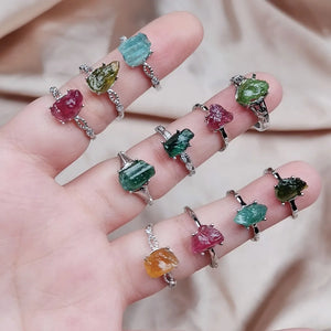 Natural Crystal Stone Rings for Women Healing Irregular Tourmalines Raw Mineral
