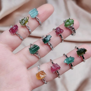 Natural Crystal Stone Rings for Women Healing Irregular Tourmalines Raw Mineral