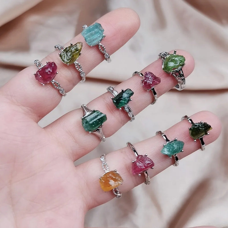 Natural Crystal Stone Rings for Women Healing Irregular Tourmalines Raw Mineral