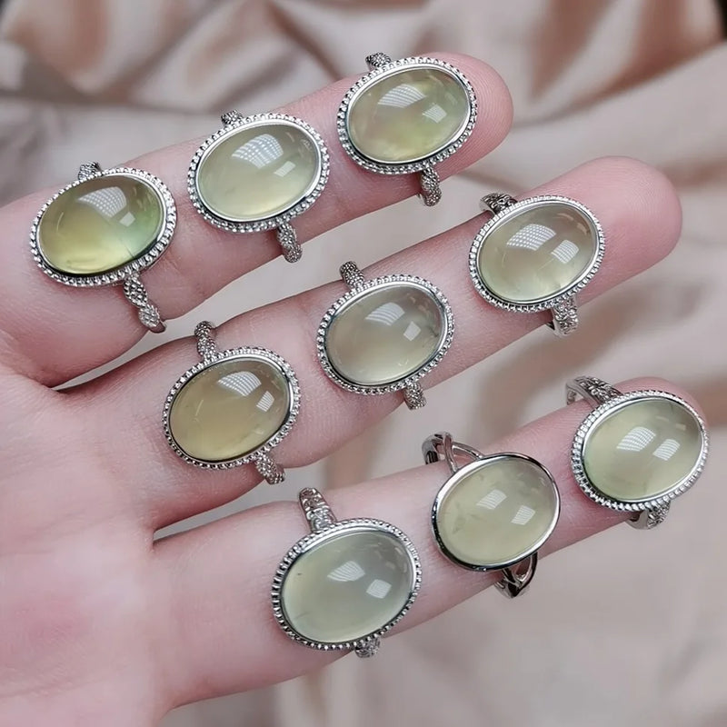 Green Prehnite Quartz Open Ring Silver Jewelry for Women