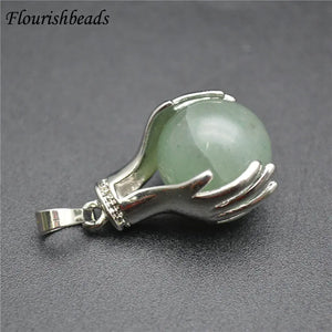 Gemstone Hands Hold Round Ball Pendant - Amethyst/Tiger Eye/Quartz
