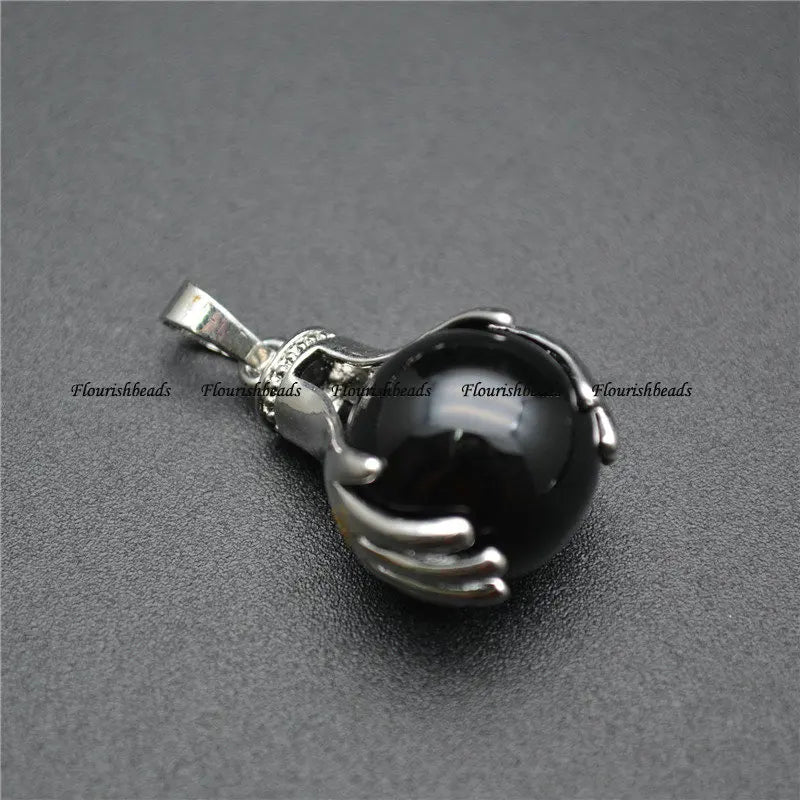 Gemstone Hands Hold Round Ball Pendant - Amethyst/Tiger Eye/Quartz