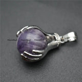 Gemstone Hands Hold Round Ball Pendant - Amethyst/Tiger Eye/Quartz
