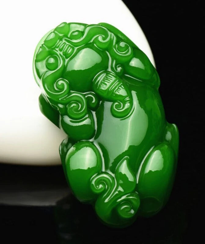 Green Jade Pixiu Dragon Pendant Necklace, Hand-Carved Luck Amulet