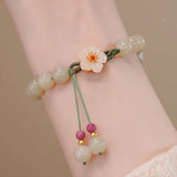 Jade Round Beads Peach Blossom Bracelet Ancient Style Flower Bead Woven Hand Rop