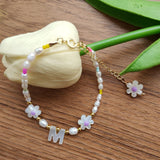 Natural 3-4mm Pearl Yellow Daisy Flower Mother of Pearl Shell 925 Bracelet