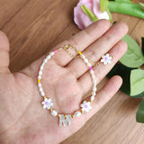 Natural 3-4mm Pearl Yellow Daisy Flower Mother of Pearl Shell 925 Bracelet