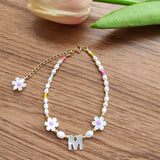 Natural 3-4mm Pearl Yellow Daisy Flower Mother of Pearl Shell 925 Bracelet