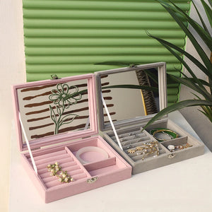 Portable Velvet Jewelry Storage Box with Mirror, Earrings Ring Bracelet Necklace