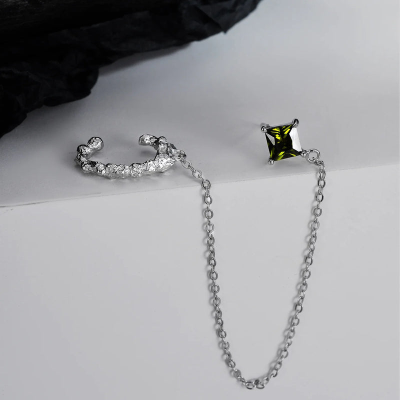 925 Silver Emerald Ear Cuff Tassel Earrings