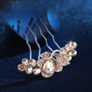 Rhinestone Hairpin Crystal Four-Tooth Hair Fork Floral Comb Bridal Headwear