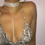 Layered CZ Necklace Body Chain Silver Rhinestone Choker for Women
