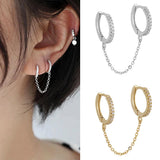 Unisex Crystal Zircon Double Ear Pierced Earrings Long Chain Hoop Earring