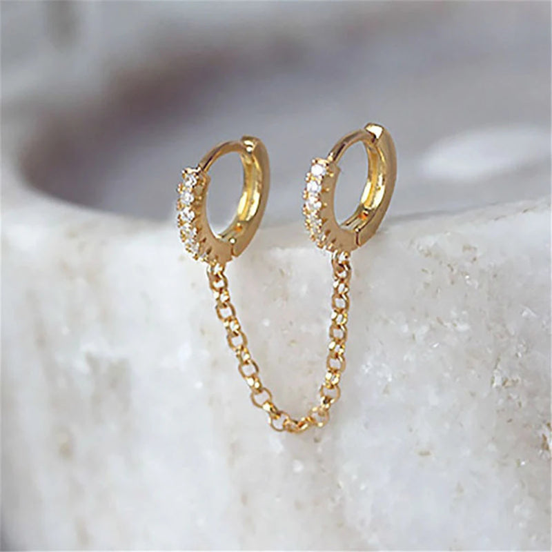 Unisex Crystal Zircon Double Ear Pierced Earrings Long Chain Hoop Earring