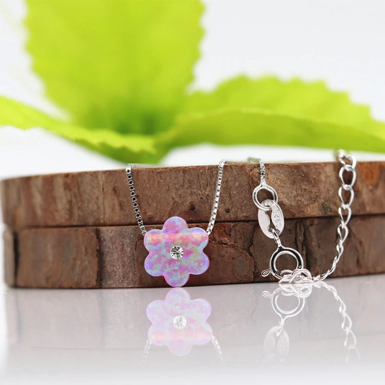 10mm Purple Fire Opal Flower Pendant Necklace 925 Sterling Silver Jewelry