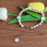 Natural Oval Pearl Beads with Daisy Flower Mother of Pearl Bracelet
