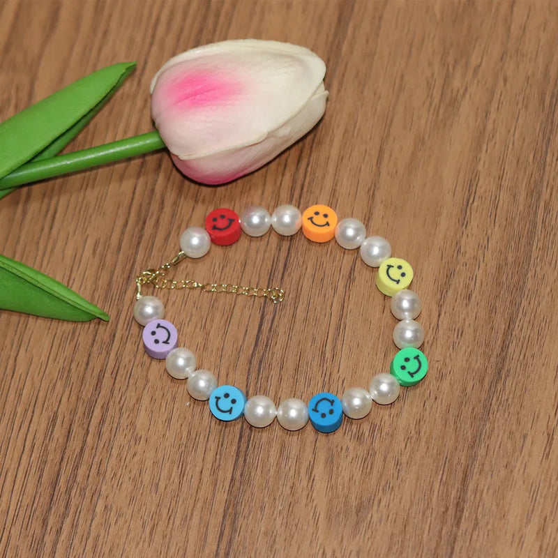 8mm Natural Pearl Beads Rainbow Smile Face 925 Silver Bracelet