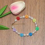 8mm Natural Pearl Beads Rainbow Smile Face 925 Silver Bracelet