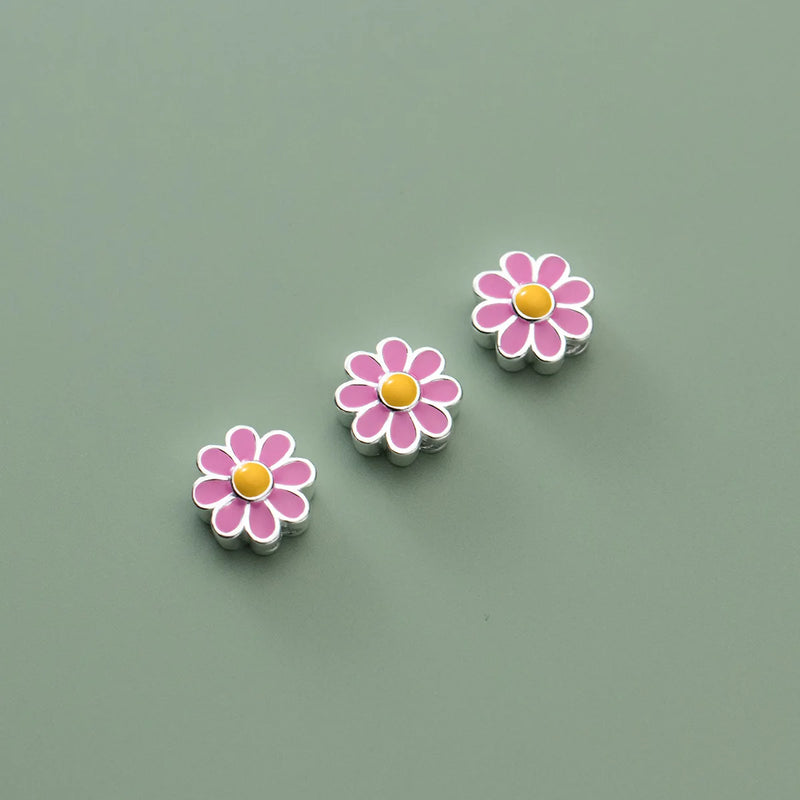 925 Sterling Silver Pink/Green Flower Beads DIY Jewelry Making