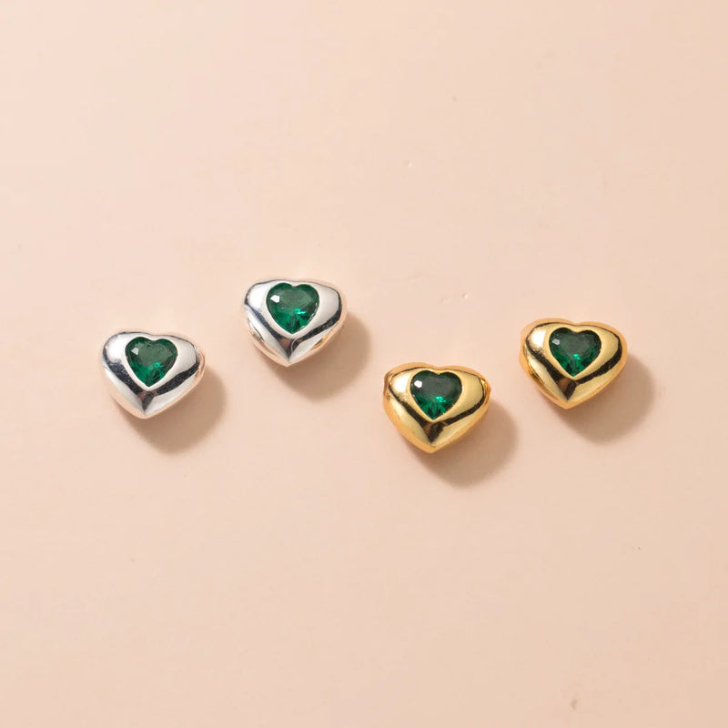 925 Silver Sweet Heart Beads 8mm Pink/Black/Green/Blue Stone S925 Spacer