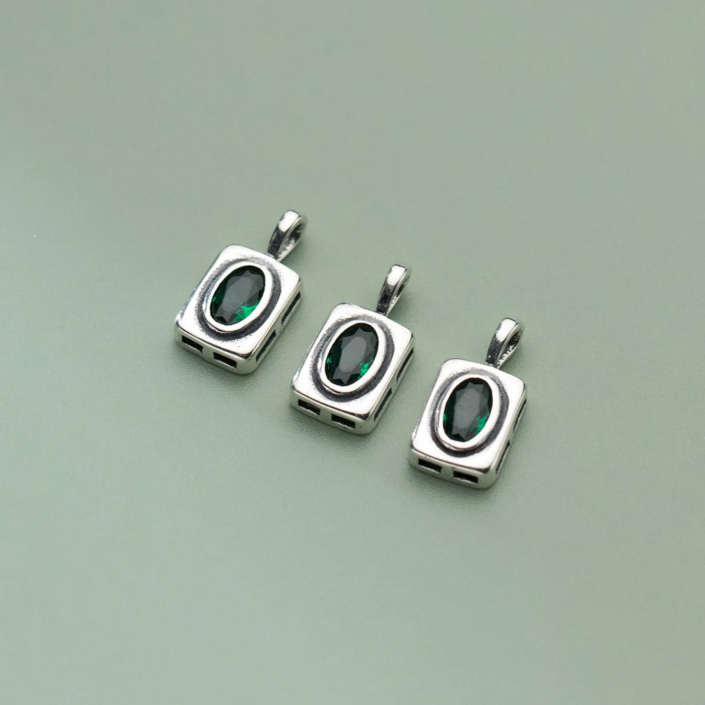 925 Silver Vintage Green Zircon Square Charms Fading Craftwork Pendants