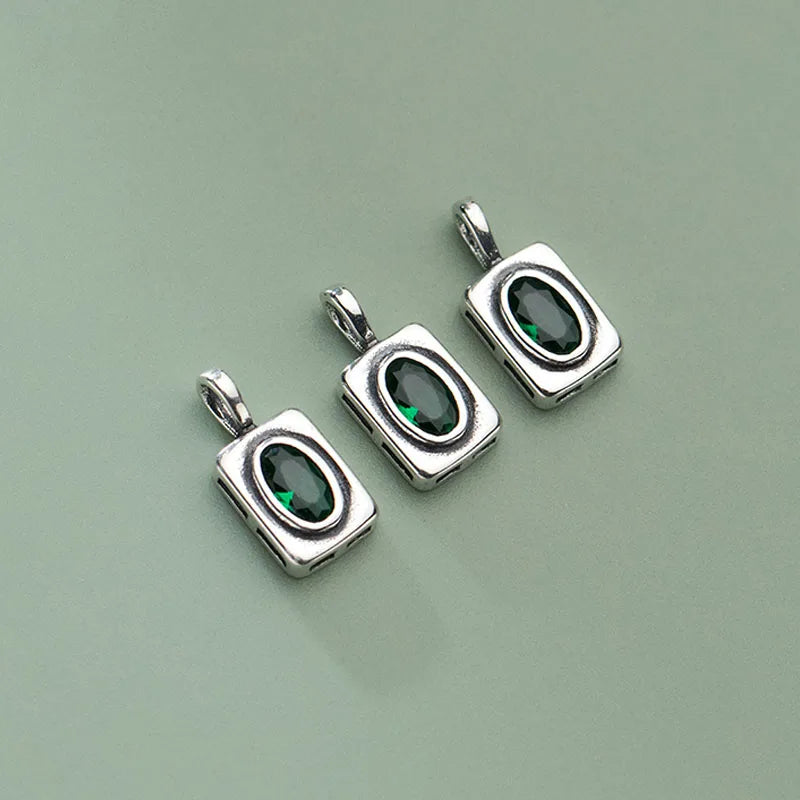925 Silver Vintage Green Zircon Square Charms Fading Craftwork Pendants