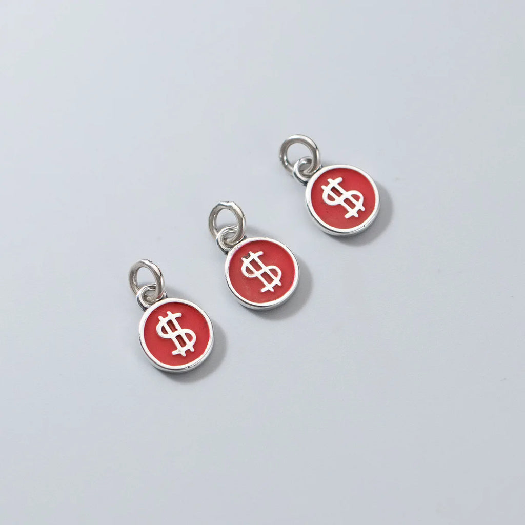 Vintage Red/Green Round Card Charms 8mm Dollars Symbol Silver