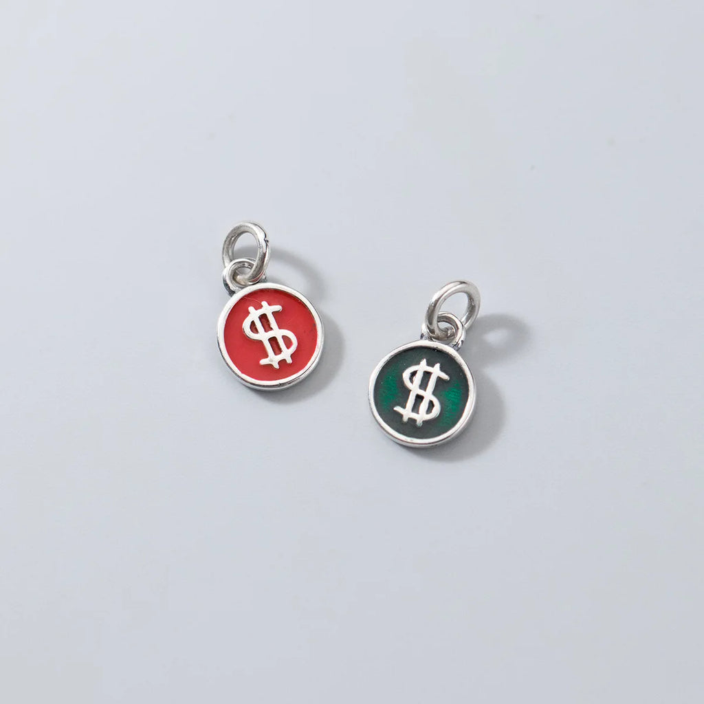 Vintage Red/Green Round Card Charms 8mm Dollars Symbol Silver