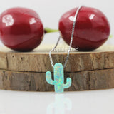 925 Silver Chain Necklace with Synthetic Opal Cactus Plant Pendant