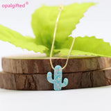925 Silver Chain Necklace with Synthetic Opal Cactus Plant Pendant
