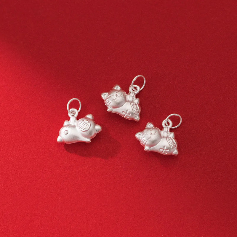 999 Silver 3D Craftwork Fortune Cat Charm Pendant DIY Blessing Jewelry