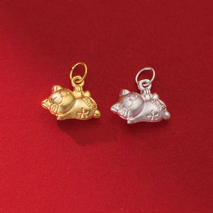 999 Silver 3D Craftwork Fortune Cat Charm Pendant DIY Blessing Jewelry