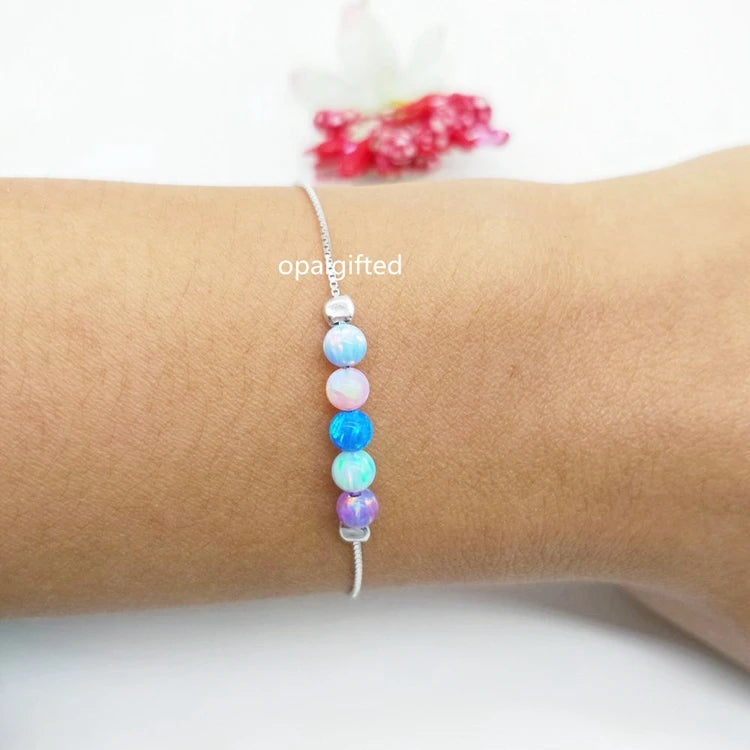 4mm Round Opal Bracelet 925 Silver with 5 Opal Ball Beads