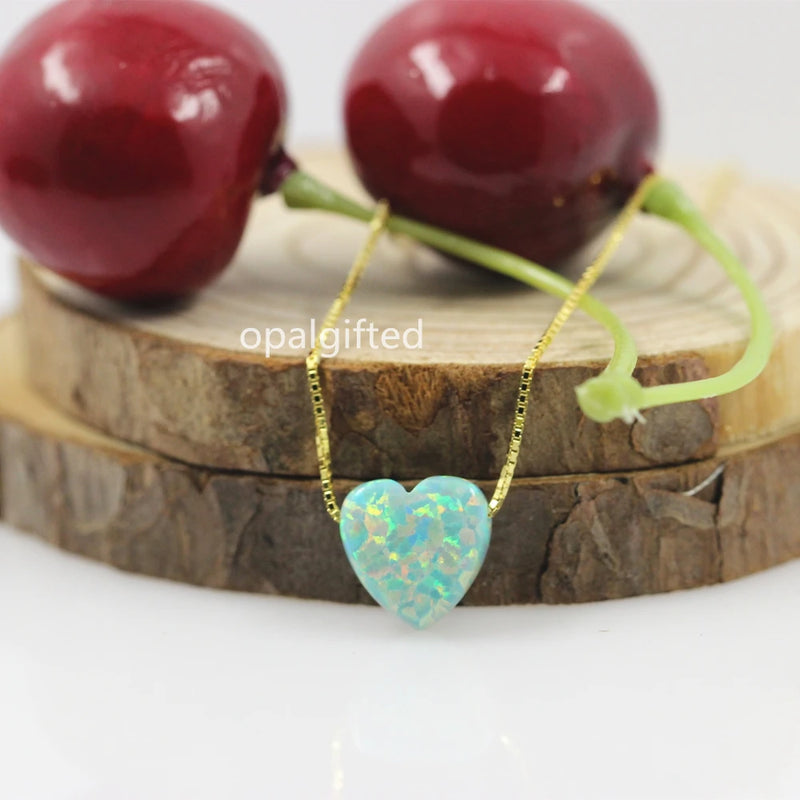 10mm Baby Green Heart Necklace 925 Silver Synthetic Opal