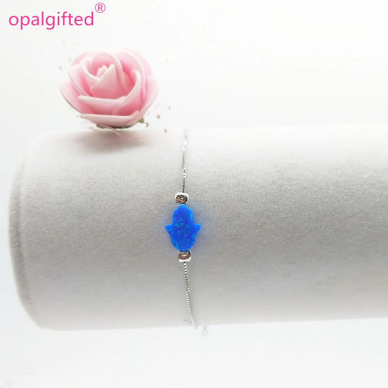 8x10mm Synthetic Opal Hamsa Bracelet 925 Silver Jewelry Opal Bracelet