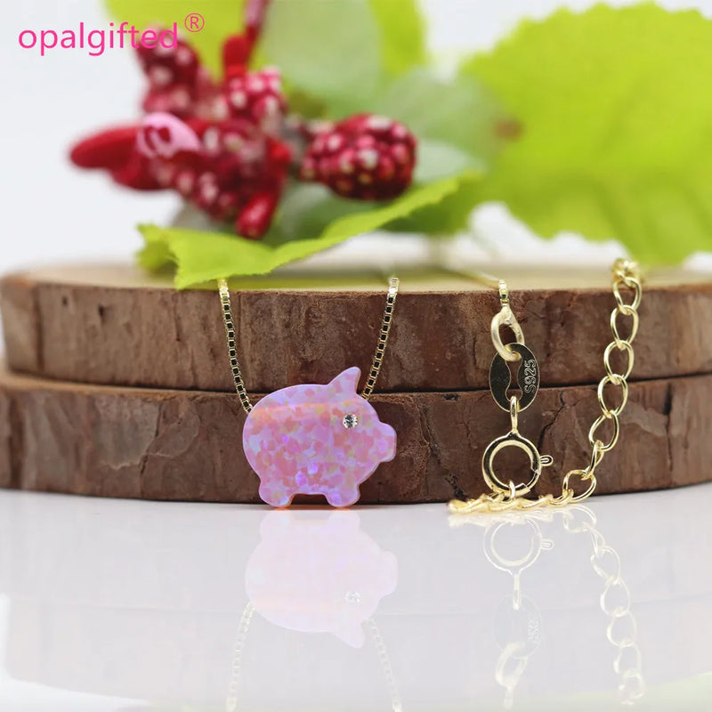 (1pc/lot) Cute Pig Opal Necklace Synthetic 11*12mm Opal OP58 Pink Pig Pendant