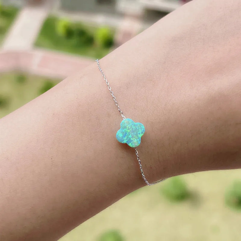 (1pc/lot) Green Synthetic Clover/flower Opal Bracelet with 925 Silver O Chain