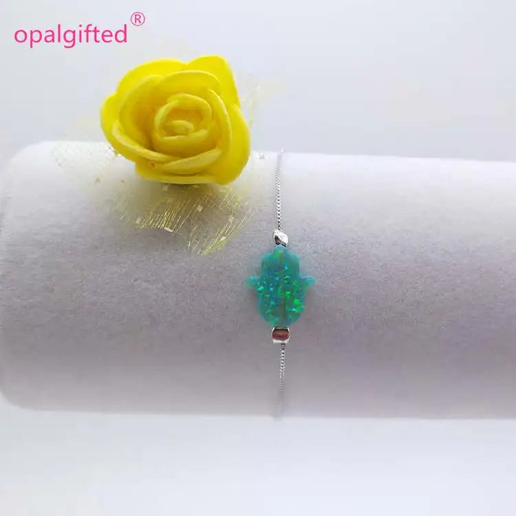 Green Opal Hamsa Bracelet 925 Silver Chain Fatima Hand Bracelet