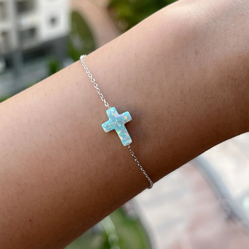 S925 Sterling Silver 9*12mm Green Synthetic Cross Opal Bracelet