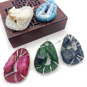 Natural Stone Crystal Pendant Necklace Colorful Handwork Winding DIY Jewelry