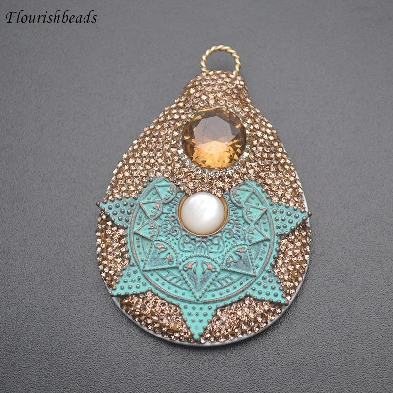 Natural Shell Oval Crystal Rhinestones Vintage Pendant for DIY Men Necklace