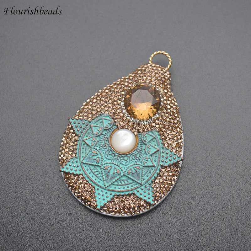 Natural Shell Oval Crystal Rhinestones Vintage Pendant for DIY Men Necklace