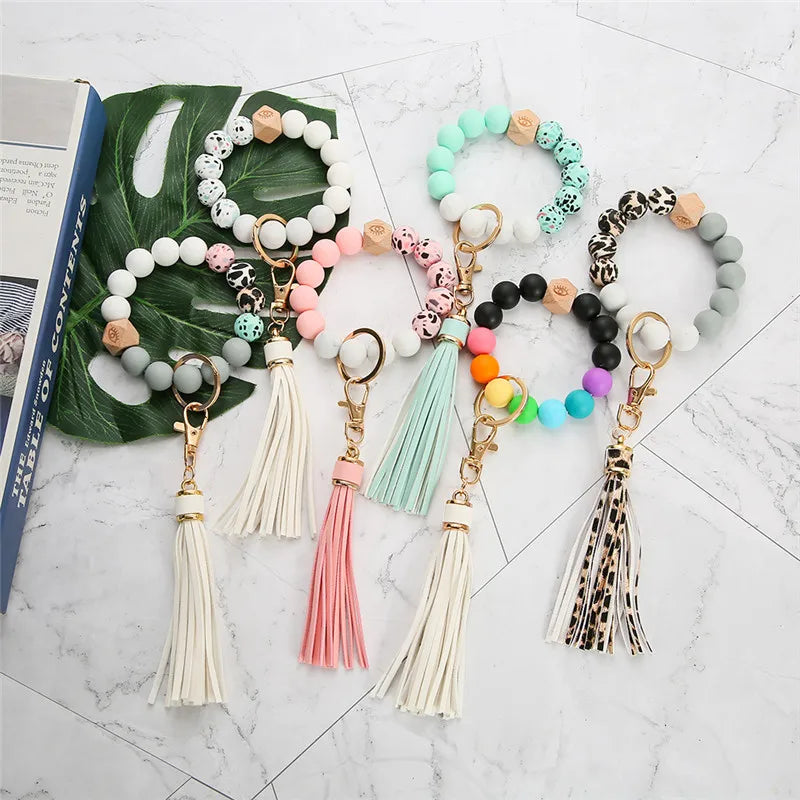 Colorful Silicone Beaded Bracelet Wrist Bangle Keychain Women Girls Bag