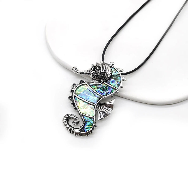 Vintage Seahorse Abalone Shell Pendant Necklace Jewelry