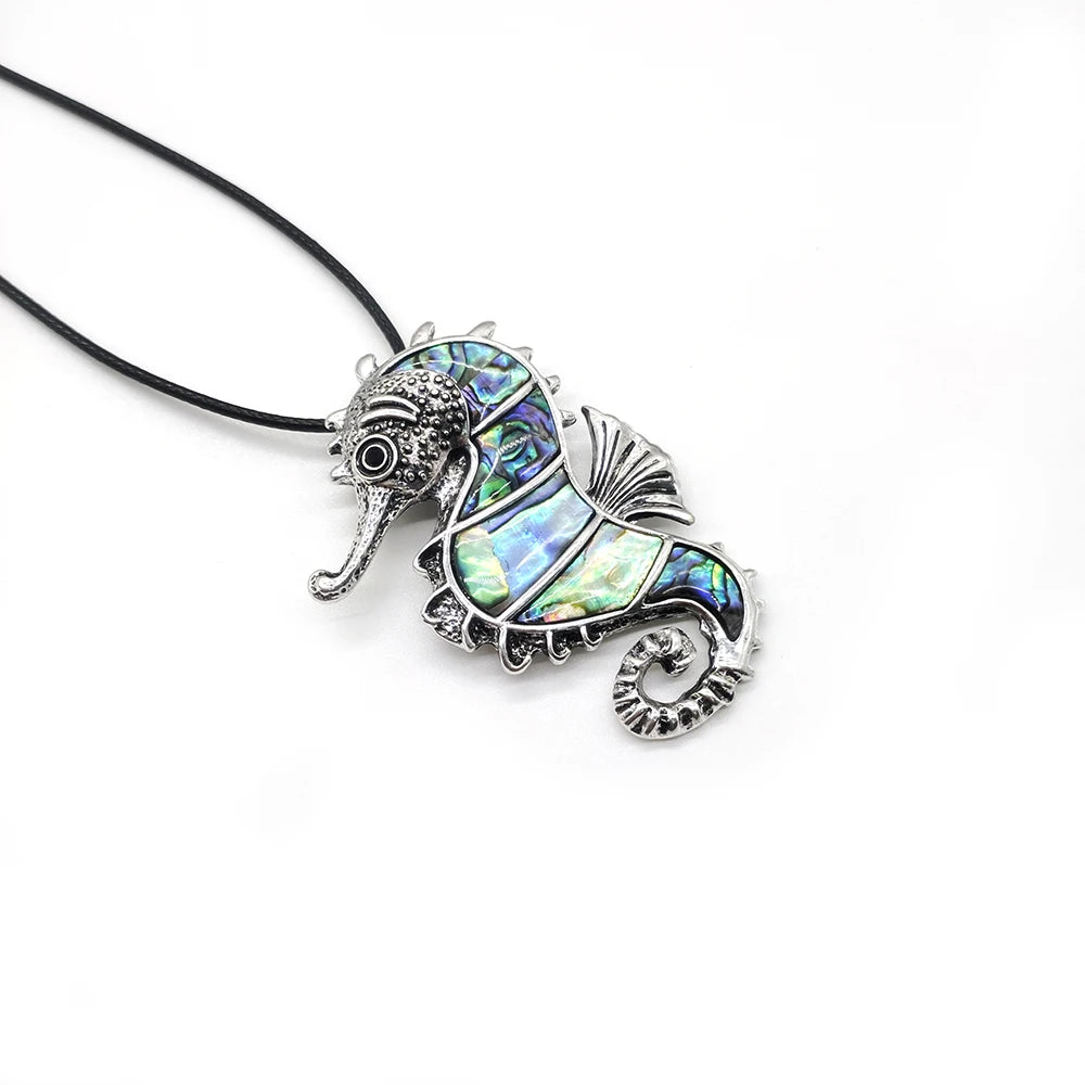 Vintage Seahorse Abalone Shell Pendant Necklace Jewelry