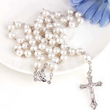 Vintage Pearl Rosary Beads Necklace with Cross Pendant