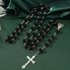 Vintage Style Pearl Rosary Beads With Cross Pendant Necklace