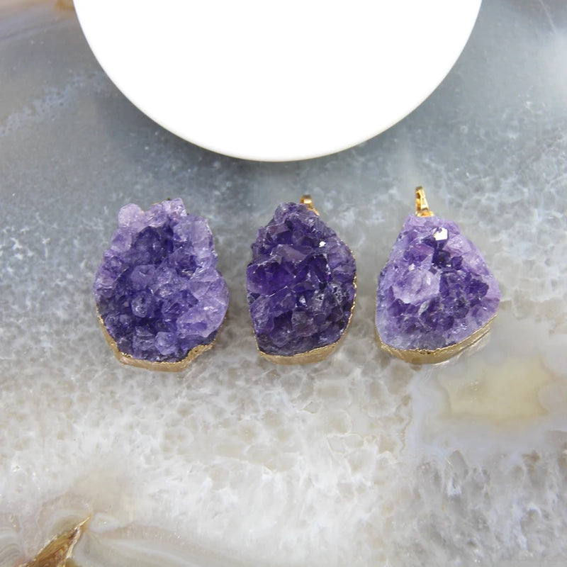 Amethysts Geode Pendant, Drusy Quartz Healing Crystal Necklace