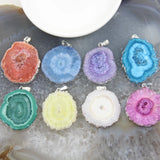 Irregular Oval Sun Flower Druzy Geode Agate Silvery Pendant