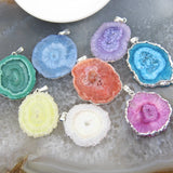 Irregular Oval Sun Flower Druzy Geode Agate Silvery Pendant